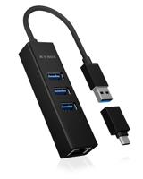 ICY BOX IB-HUB1419-LAN USB 3.0 Type-A+C zu 3x USB 3.0 und 1x Gigabit LAN, Aluminium USB 3.2 Gen 1-hub 4 poorten Zwart - thumbnail