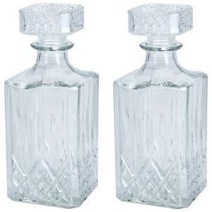 2x Glazen decoratie fles/karaf 750 ml/9 x 23 cm voor water of likeuren - Whiskeykaraffen