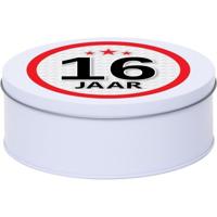 Leeftijd Snoeptrommel - koektrommel Cadeau - wit - rond blik - met 16 jaar sticker