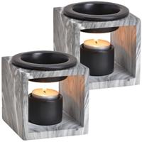 2x Geurbrander voor amberblokjes/geurolie/waxmelts - keramiek - grijs - 10x10x10 cm - marmer look