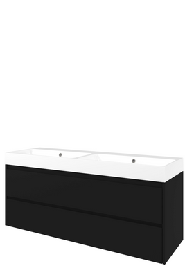 Proline Polystone Loft wastafelonderkast symmetrisch met 2 laden en glans witte wastafel zonder kraangaten 140 x 46 x 62 cm, mat zwart