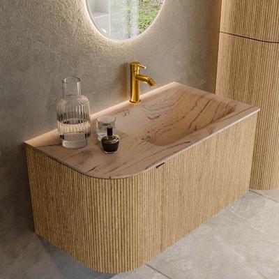Badmeubel Mondiaz Kurve-Dlux | 85 cm | Meubelkleur Oak | Wastafelkleur Arena | Solid surface | Wasbak rechter zijde spoelbak | 1 kraangat