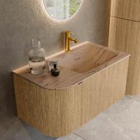 Badmeubel Mondiaz Kurve-Dlux | 85 cm | Meubelkleur Oak | Wastafelkleur Arena | Solid surface | Wasbak rechter zijde spoelbak | 1 kraangat