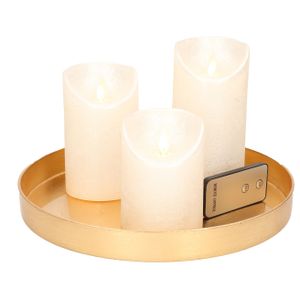 Ronde kaarsenplateau goud van kunststof D27 cm met 3 parel witte LED-kaarsen 10/12,5/15 cm