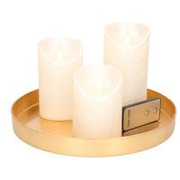 Ronde kaarsenplateau goud van kunststof D27 cm met 3 parel witte LED-kaarsen 10/12,5/15 cm - thumbnail