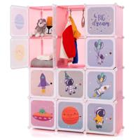 Kinderkast met 2 Hangsecties & 12 Vakken Schattige Cartoon Commode Roze