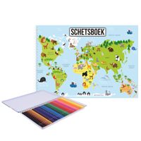 A4 aarde/wereldmap schetsboek/ tekenboek/ kleurboek/ schetsblok wit papier met 36x kleurpotloden - thumbnail