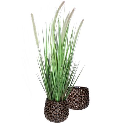 Plantenpot/bloempot Pebblo - 2x - keramiek/geglazuurd?- bruin - druppels - D15 x H13 cm