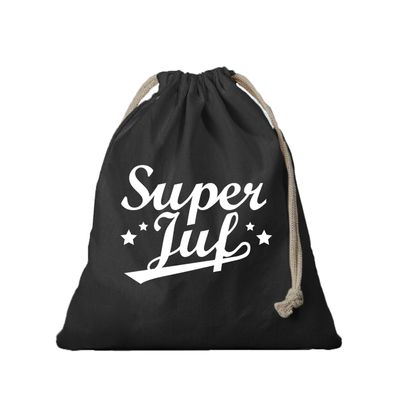 1x Canvas cadeautasje Super Juf zwart met koord 25 x 30 cm