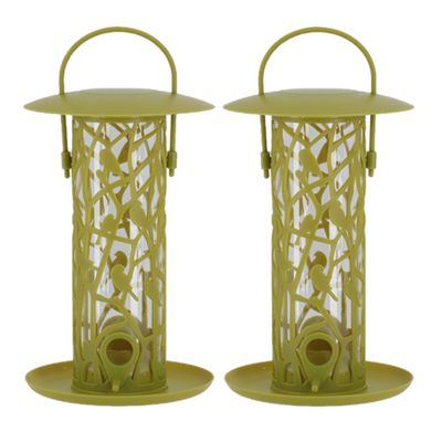 2x stuks vogel voedersilo met zitstokjes en tray groen kunststof 27 cm