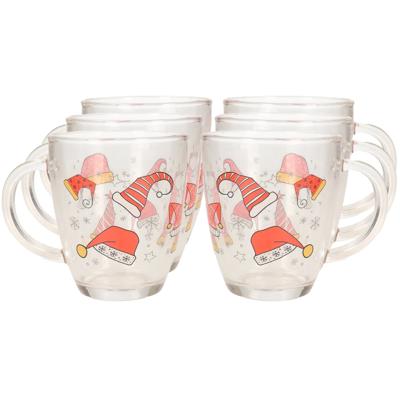 Kerst mok/beker - 6x stuks - met kerstmutsen - glas - 300 ml - kerstbekers - kerstartikelen