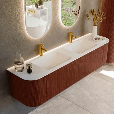 Badmeubel Mondiaz Kurve | 180 cm cm | Meubelkleur Ruby | Wastafelkleur Talc | Solid surface | Wasbak beiden zijden spoelbak | 2 kraangaten