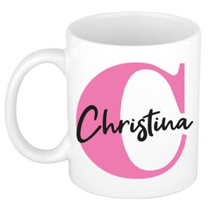 Naam mok Christina - roze - wit - keramiek - 300 ml - verjaardag/cadeau beker