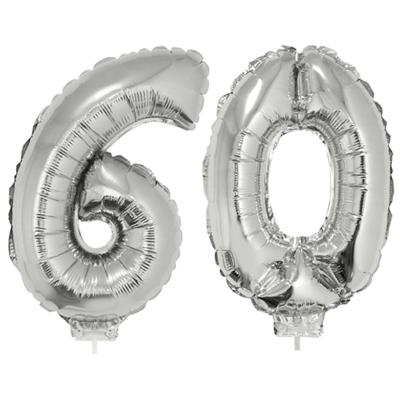 60 jaar leeftijd feestartikelen - versiering cijfers - zilver - ballonnen op stokje - van 41 cm 60 jaar leeftijd feestartikelen - versiering cijfers - zilver - ballonnen op stokje - van 41 cm