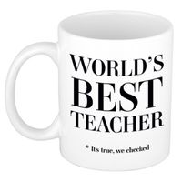 Worlds best teacher cadeau koffiemok / theebeker wit 330 ml - Cadeau mokken - feest mokken - thumbnail