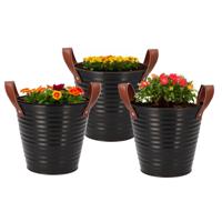 Plantenpot/bloempot emmer Leather - 3x - rond - zink - zwart - D16 x H15 cm