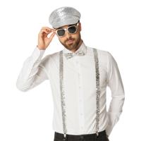 Carnaval verkleed set - kapiteins pet/bretels/party bril/vlinderstrik - glitter zilver - volwassenen