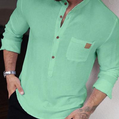 Bon&Bon Men's White Long Sleeve Button Up Shirt | Loose Fit Stand Collar Mint Green / L