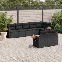 8-delige Loungeset met kussens poly rattan zwart