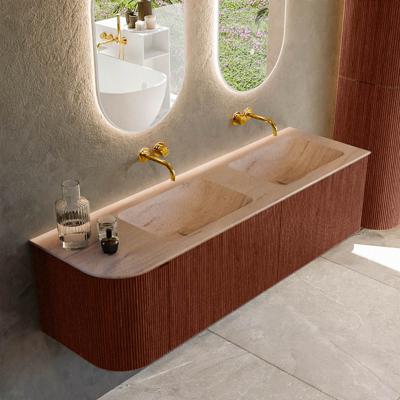 Badmeubel Mondiaz Kurve-Dlux | 155 cm | Meubelkleur Ruby | Wastafelkleur Saba | Solid surface | Dubbel / Rechts spoelbak | Zonder kraangat(en)