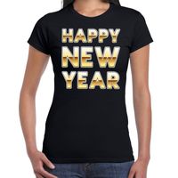 Nieuwjaar Happy New Year tekst t-shirt zwart voor dames - thumbnail
