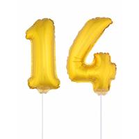 14 jaar leeftijd feestartikelen - versiering cijfers - goud - ballonnen op stokje - van 41 cm