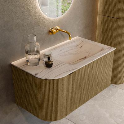 Badmeubel Mondiaz Kurve-Dlux | 85 cm | Meubelkleur Dusk | Wastafelkleur Nata | Solid surface | Wasbak rechter zijde spoelbak | Zonder kraangat(en)