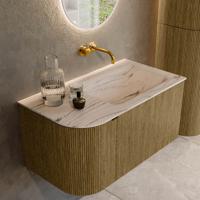 Badmeubel Mondiaz Kurve-Dlux | 85 cm | Meubelkleur Dusk | Wastafelkleur Nata | Solid surface | Wasbak rechter zijde spoelbak | Zonder kraangat(en)