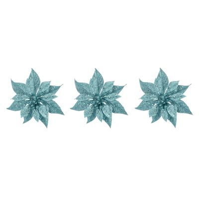 10x stuks decoratie bloemen kerstster ijsblauw glitter op clip 18 cm