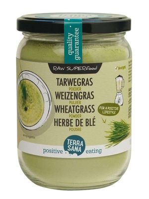 Raw tarwegras poeder in glas bio