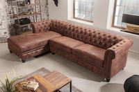 Design hoekbank CHESTERFIELD 270cm antiekbruin met knoopstiksel en veerkern poef links - 40611