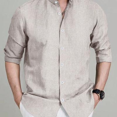 Bon&Bon Men's Stand Collar Long Sleeve Shirt - Dark Grey Casual Top Khaki-2 / L