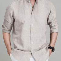 Bon&Bon Men's Stand Collar Long Sleeve Shirt - Dark Grey Casual Top Khaki-2 / L