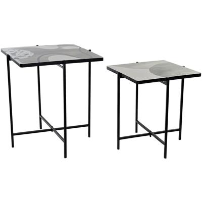 ITEM Bijzettafels - set 2x stuks - vierkant - zwart met print - metaal en hout - 40x40x46 cm