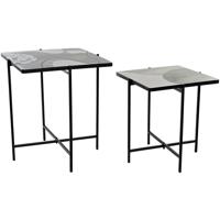 ITEM Bijzettafels - set 2x stuks - vierkant - zwart met print - metaal en hout - 40x40x46 cm