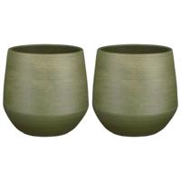 Plantenpot - 2x - donkergroen - relief patroon - keramiek - D24/H23 cm - bloempot
