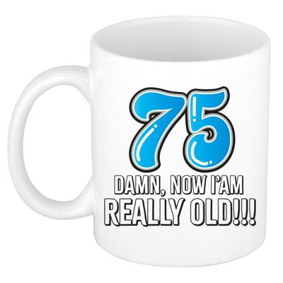 Verjaardag cadeau mok 75 jaar - nu ben ik echt oud! - blauw - 300 ml - keramiek