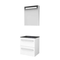 Basic-Line Premium 46 Badkamermeubelset - 60 x 46 cm - Met Grepen - 2 Lades - Hardstenen Wastafel - 1 Kraangat - Spiegelkast met LED Verlichting - Ice White