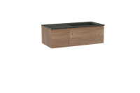 Storke Edge zwevend badmeubel 110 x 52 cm ruw eiken met Scuro asymmetrisch rechtse wastafel in kwarts mat zwart