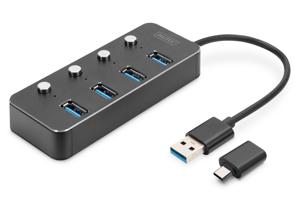 Digitus DA-70247 USB 3.0-hub 4 poorten Draaibaar, Individueel schakelbaar, LED-weergave Donkergrijs