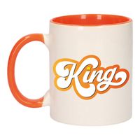 Mok/ beker wit en oranje Koningsdag King met kroontje 300 ml - feest mokken - thumbnail