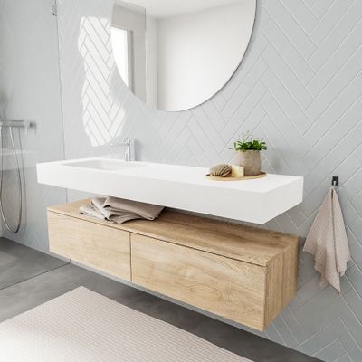Mondiaz Alan badmeubel 150 cm washed oak 2 lades vrijhangend wastafel links 1 kraangat wit