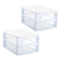 Ladekastje bureau organizer - 2x - 2 lades - wit/transparant - L26 x B35 x H19 cm - kunststof