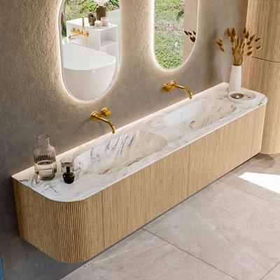 Mondiaz KURVE-DLUX 200 cm Onderkast Greeploos 2 Lades Met Deuren Oak, Wastafel Solid Surface Dubbel Glace 0 Kraangaten Zonder Spiegel (KRVSTS200L+R2L2D0KD-Oak/Gla)