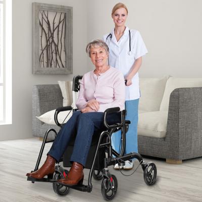 2 in 1 Rollator voor Ouderen Opvouwbaar Omkeerbare Rugleuning Verstelbare Handgrepen Aluminium Transportstoel Zwart