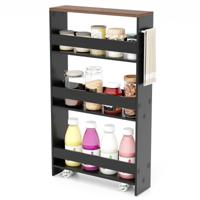 4 Niveaus Nisrek op Wieltjes Smal Keukenwagen Badkamerrek met Handgreep aan de Zijkant van Hout 48 x 13 x 81 cm Zwart + Bruin