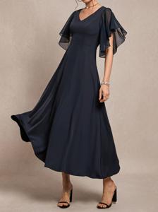 V Neck Regular Fit Ruffled Sleeves Elegant Plain Dress