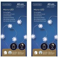Sneeuwvlokken lichtsnoer - 2x - wit - 40 led lampjes - timer - batterij 195 cm - sneeuw verlichting