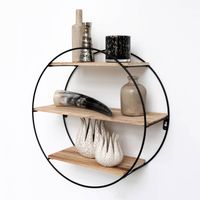 Zwart metalen wandrek met 3 houten plankjes - Rond - 50x19 cm - thumbnail