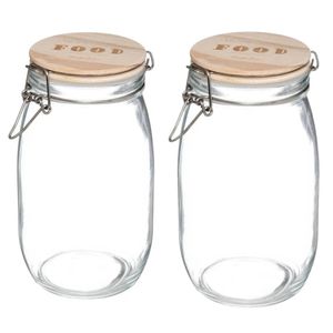 2x stuks voorraadbussen/voorraadpotten 1,5L glas met houten deksel en beugelsluiting - Voorraadpot